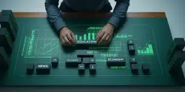 An aerial view of a person actively arranging blocks labeled 'News,' 'Education,' and 'Economy' on a dark green desk, integrated with glowing financial data projections, symbolizing the interconnectedness of information and financial well-being.