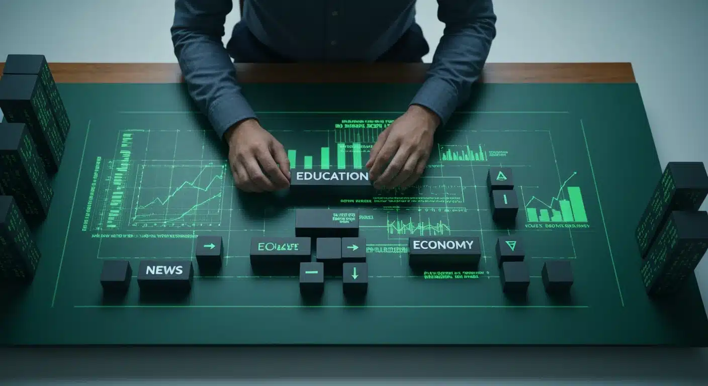 An aerial view of a person actively arranging blocks labeled 'News,' 'Education,' and 'Economy' on a dark green desk, integrated with glowing financial data projections, symbolizing the interconnectedness of information and financial well-being.