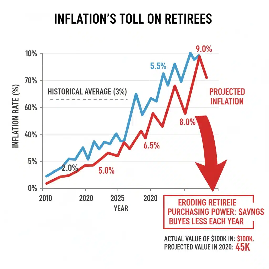 Inflation rate graph with projected future increases affecting retiree purchasing power.