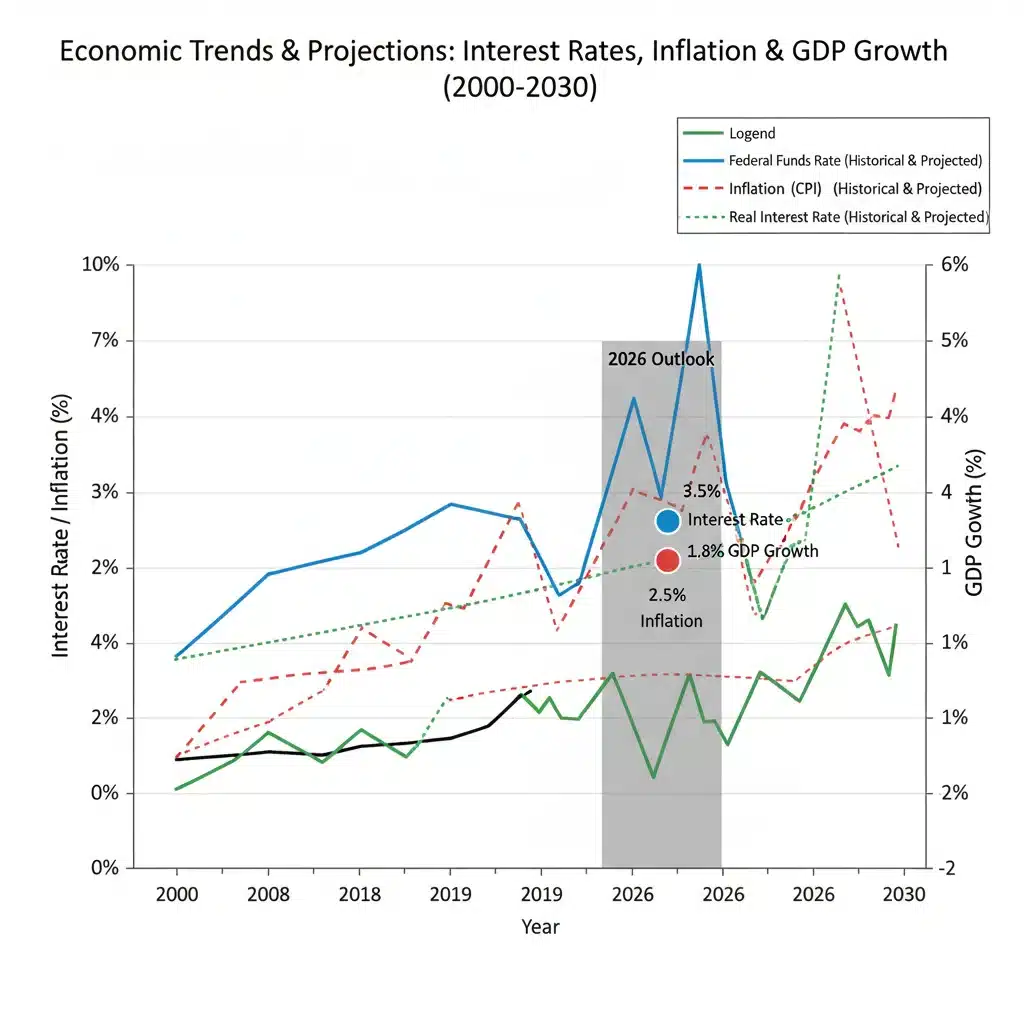 Graph illustrating historical and projected interest rate trends and key economic indicators for 2026.