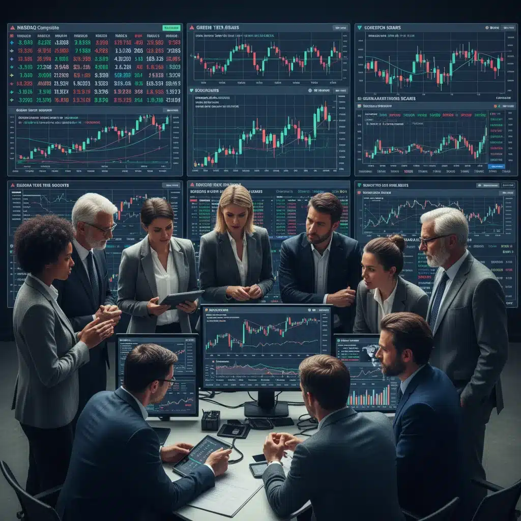 Investors analyzing financial data and discussing investment strategies in response to market changes.