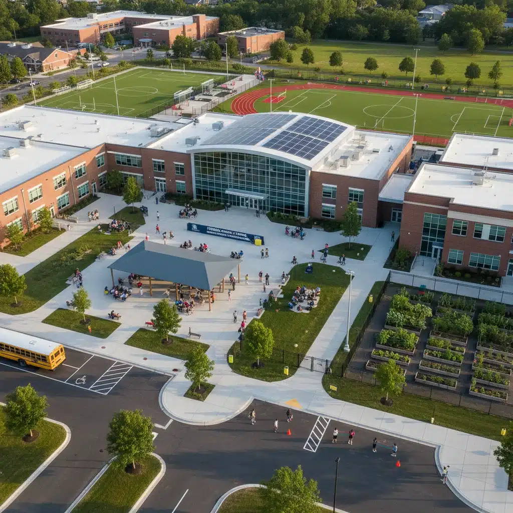 Aerial view of a renovated school campus with students, reflecting infrastructure improvements from federal grants.