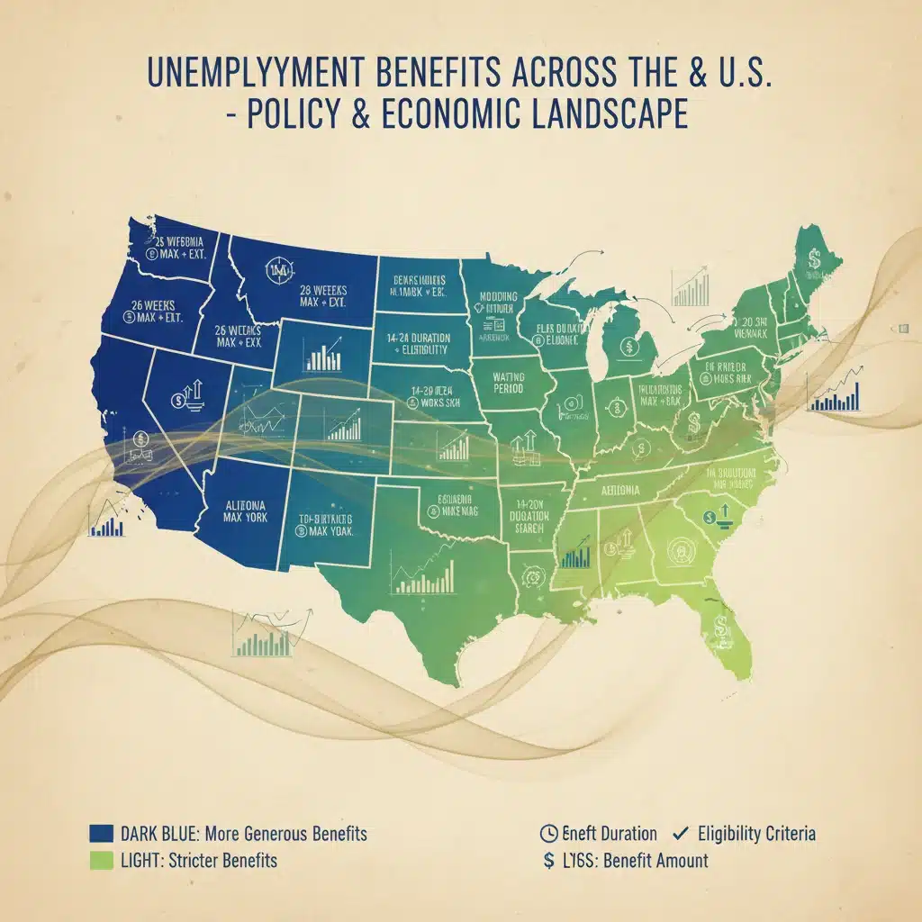 Map of US showing state-by-state unemployment benefit policies