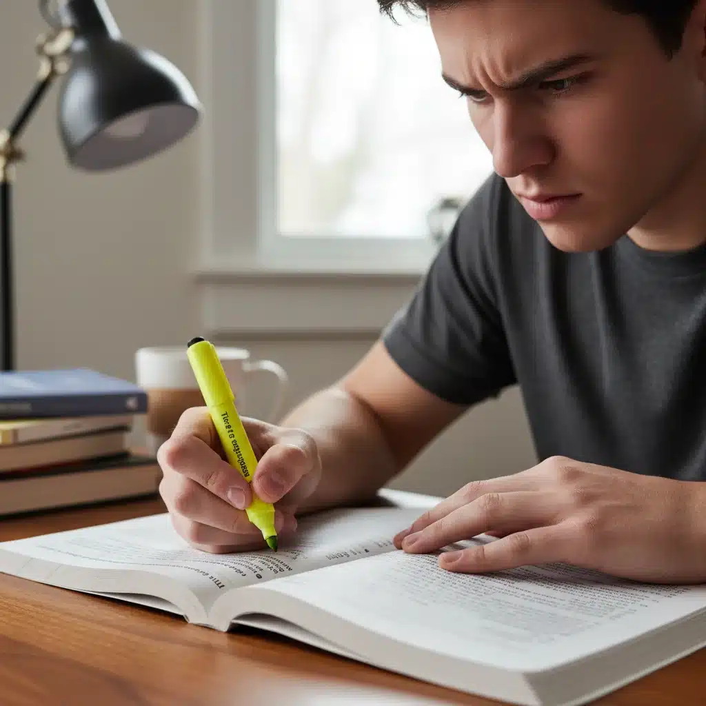 Student highlighting important points in an ACT English practice test book.