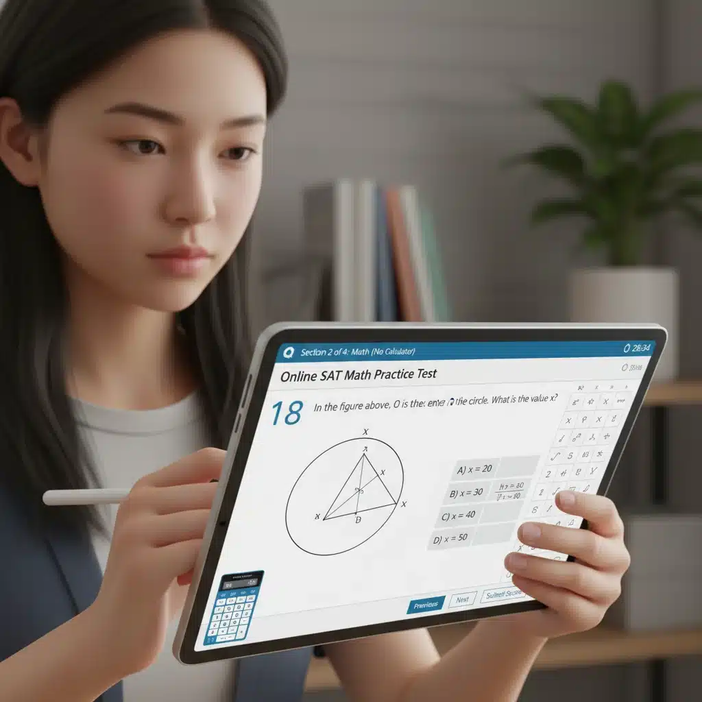 Student practicing SAT math online on a digital tablet.