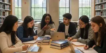 Students collaboratively studying for ACT and SAT 2026 exams in a library.