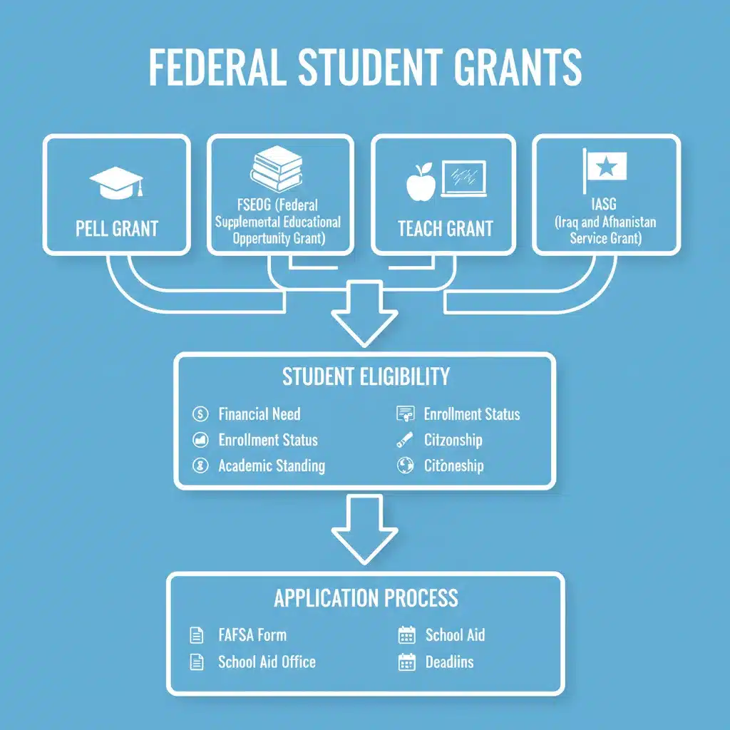 Infographic detailing various types of federal student grants and their application flow.