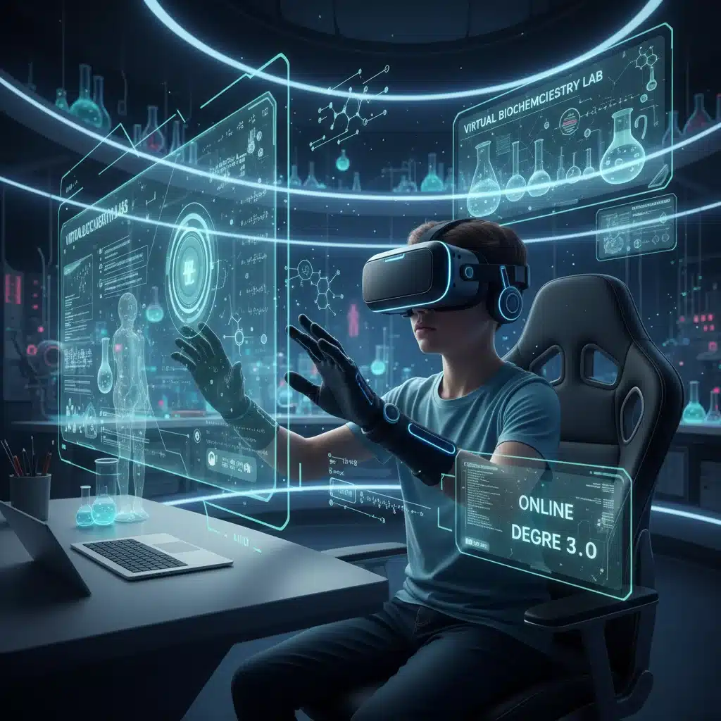 Student experiencing immersive virtual reality learning in an online degree program.