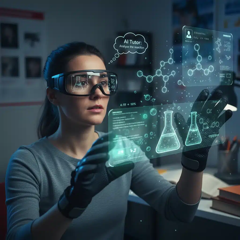 Student using augmented reality for an immersive science lesson, powered by AI.