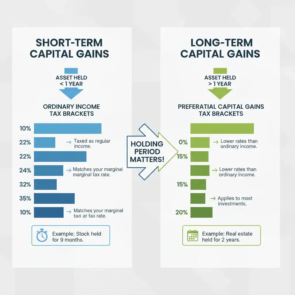 Infographic comparing short-term and long-term capital gains tax rates
