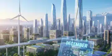 Illustration of a clean city skyline with renewable energy, symbolizing carbon emission reduction by 2026.