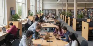 College students actively using digital devices for learning and collaboration in a modern library.