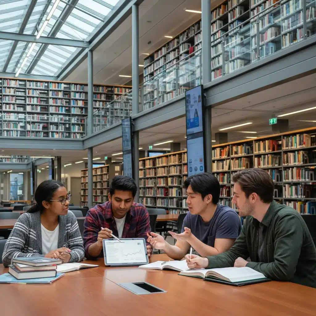 Diverse college students studying and collaborating in a modern university library.