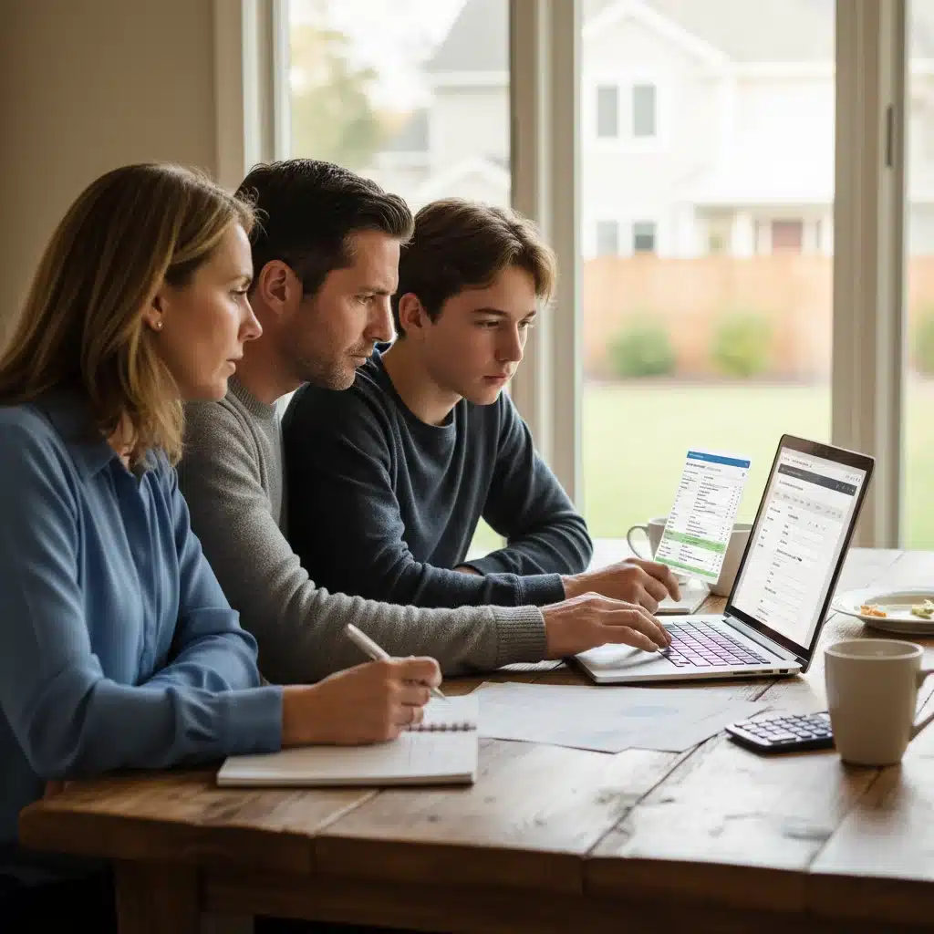 Family reviewing financial aid forms and college cost estimates on a laptop.