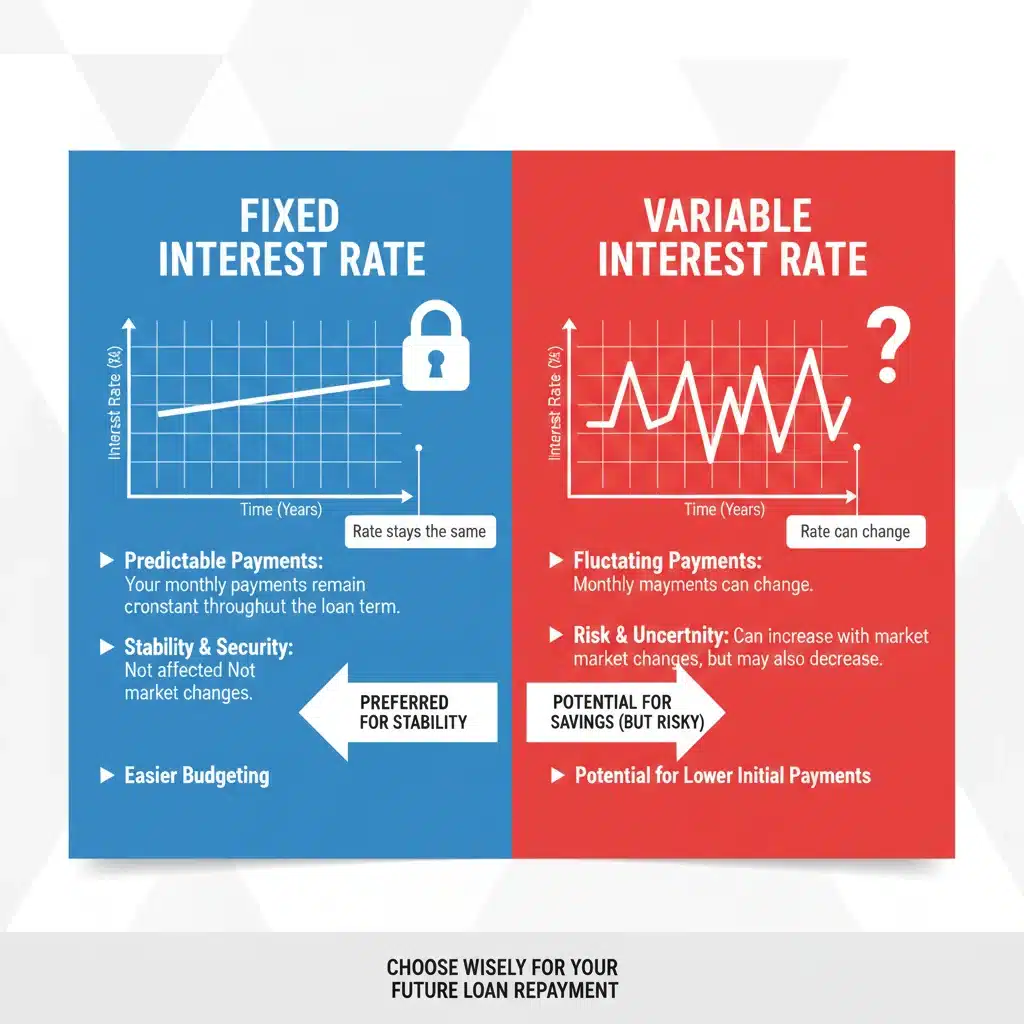 Infographic comparing fixed versus variable student loan interest rates.