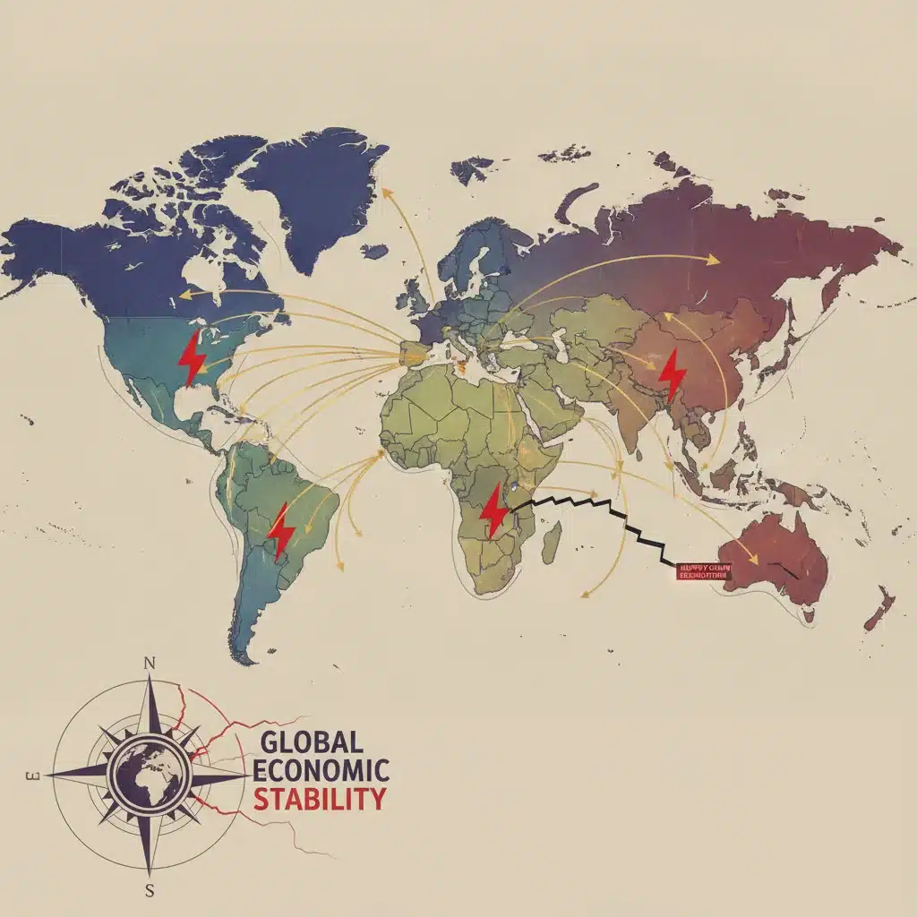 World map illustrating global trade routes and geopolitical hotspots affecting economic stability.