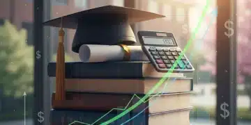 Graduation cap and diploma with rising financial charts, symbolizing future higher education costs.