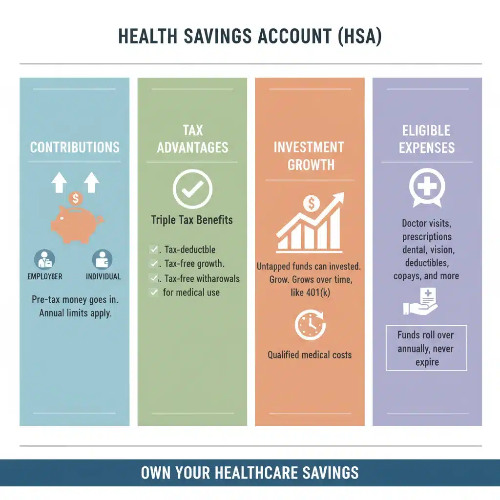 Infographic explaining Health Savings Account (HSA) benefits and components