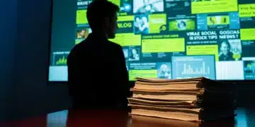 A person's silhouette against a screen displaying chaotic financial news, contrasted with a stack of authoritative financial reports, representing the challenge of discerning credible information.