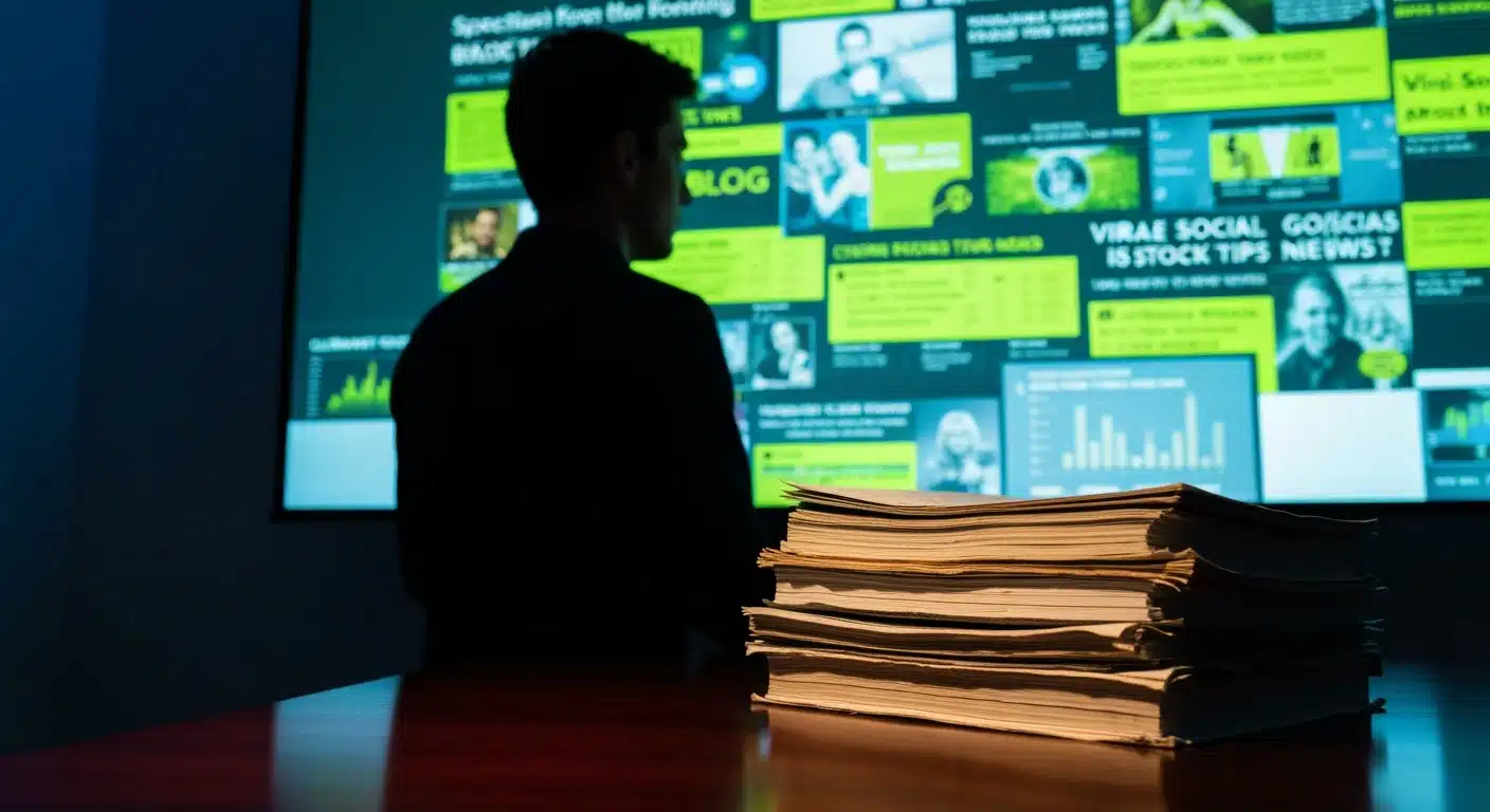 A person's silhouette against a screen displaying chaotic financial news, contrasted with a stack of authoritative financial reports, representing the challenge of discerning credible information.