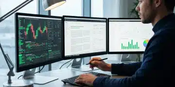 A person analyzing financial data on multiple screens, showing stock market trends and economic news, symbolizing financial literacy and strategic decision-making.
