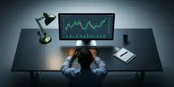 A person viewed from above, focused on a geometrically designed financial chart on a digital screen, symbolizing informed financial decision-making and critical analysis.
