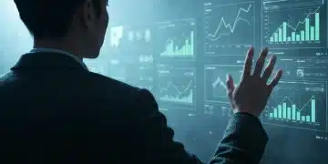 A person viewing holographic financial charts and news feeds in a dark room, demonstrating focused analysis amidst complex information for strategic financial decision-making.