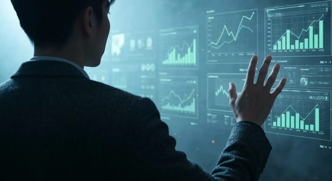 A person viewing holographic financial charts and news feeds in a dark room, demonstrating focused analysis amidst complex information for strategic financial decision-making.