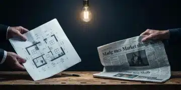 A pair of experienced hands balancing a detailed architectural blueprint and a rain-smeared financial newspaper on a wooden workbench, illustrating the integration of education and news for financial acumen.