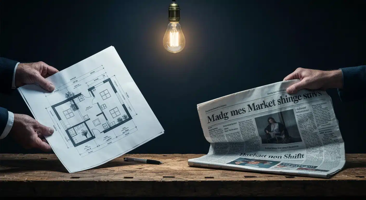A pair of experienced hands balancing a detailed architectural blueprint and a rain-smeared financial newspaper on a wooden workbench, illustrating the integration of education and news for financial acumen.