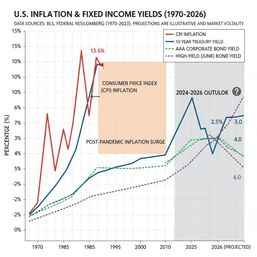 Historical US inflation rates and fixed income yields chart, showing correlation and projected 2026 trends.