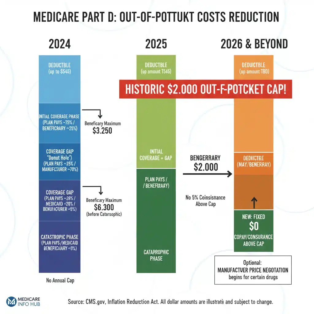 Infographic showing Medicare Part D out-of-pocket cost reductions and cap changes.