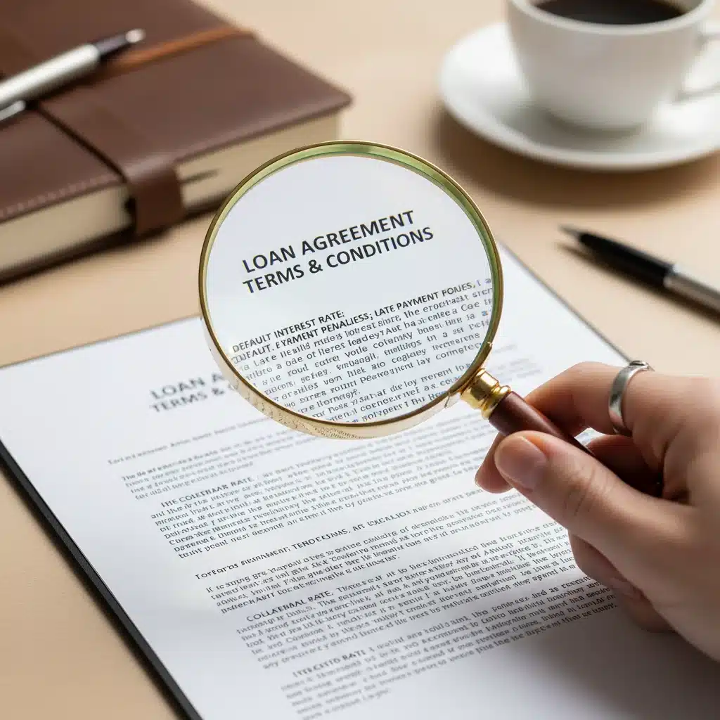 Person reviewing fine print of a loan agreement with a magnifying glass.
