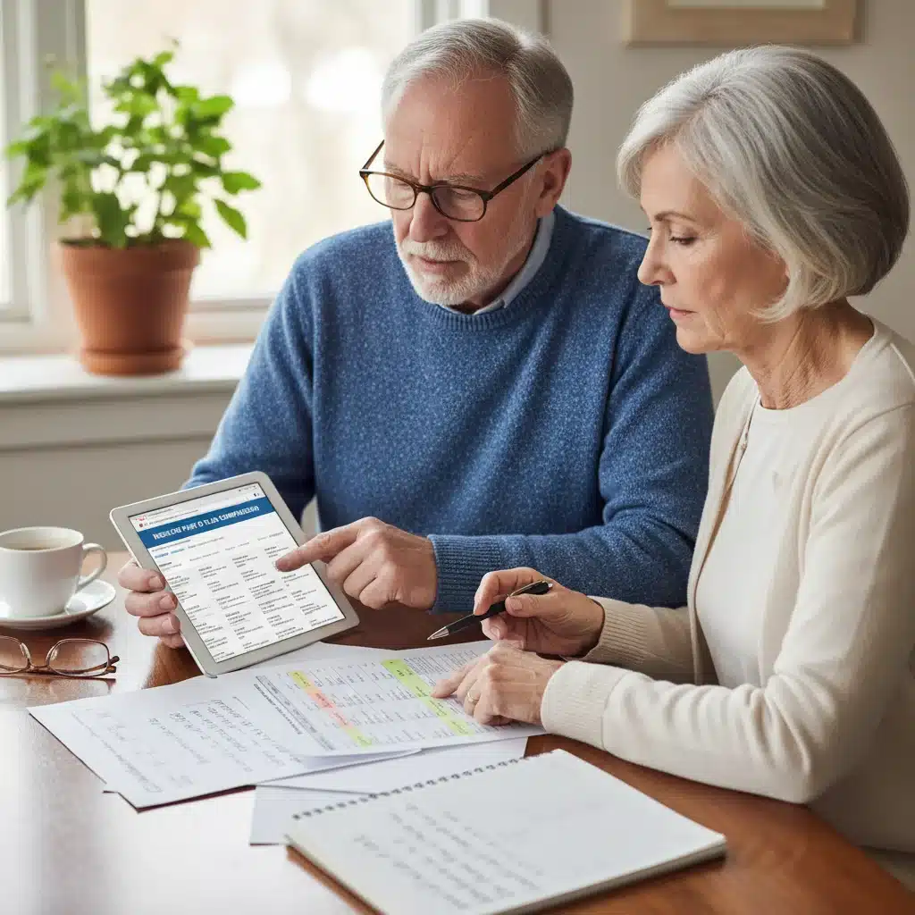 Senior couple comparing Medicare Part D plans on a tablet, focusing on benefits.