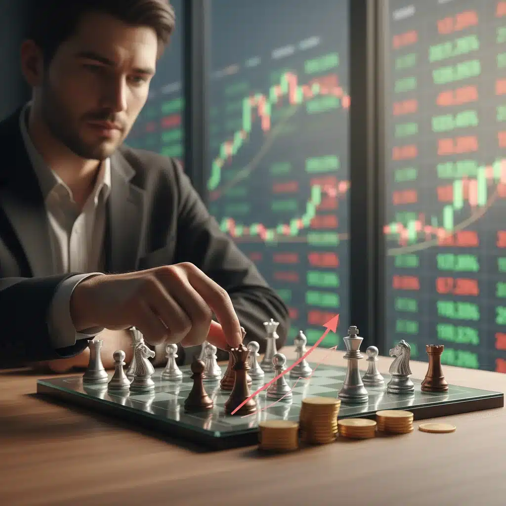 Strategic financial planning with chess pieces representing investment decisions