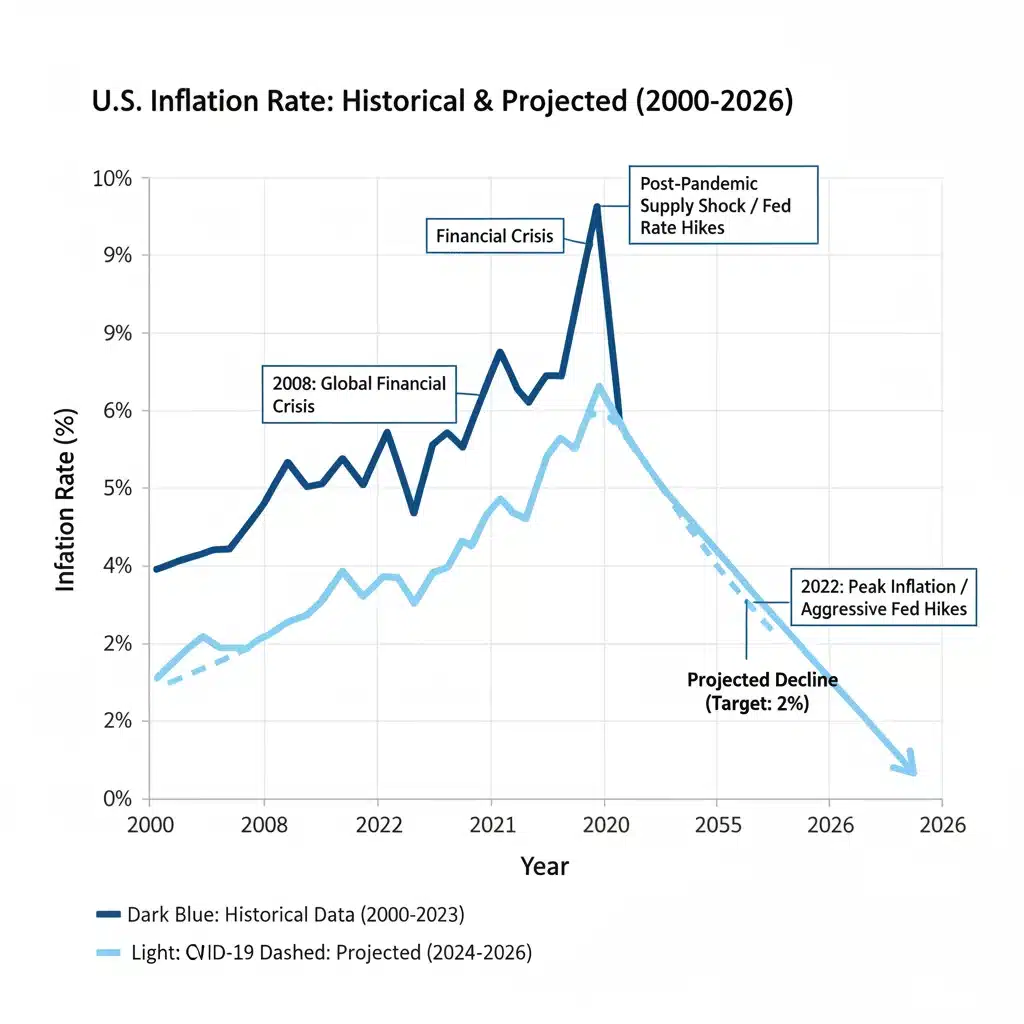 Chart depicting historical and projected US inflation rates, showing a downward trend towards 2026.