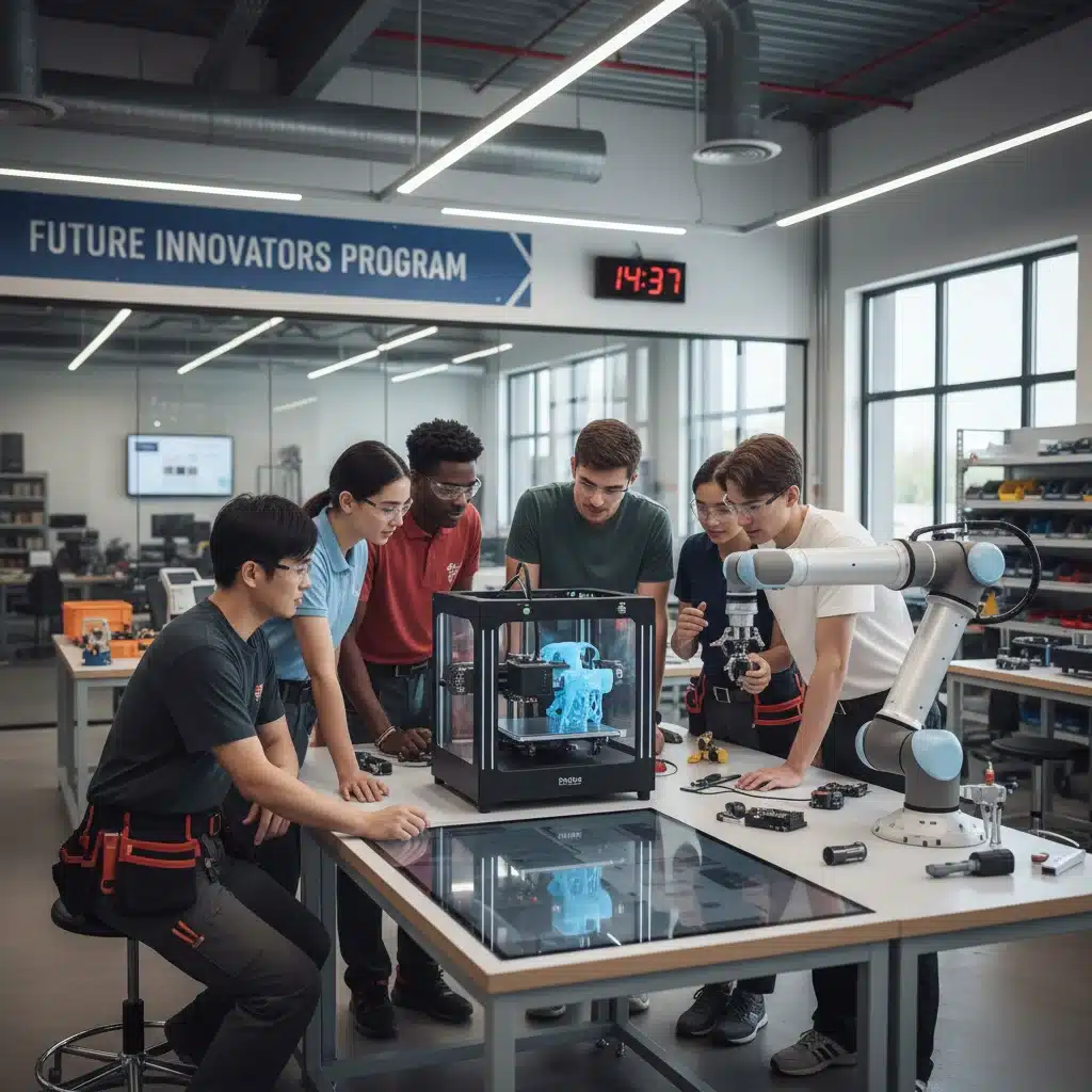 Vocational students collaborating on a technology project, showcasing practical skill development.