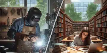 Hands-on vocational training versus traditional university study, symbolizing career path choices in 2026.