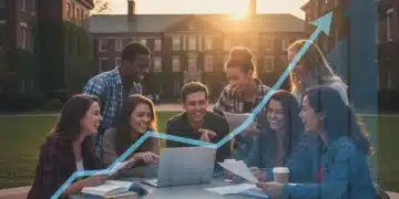 College students reviewing financial aid documents with a positive outlook on campus.