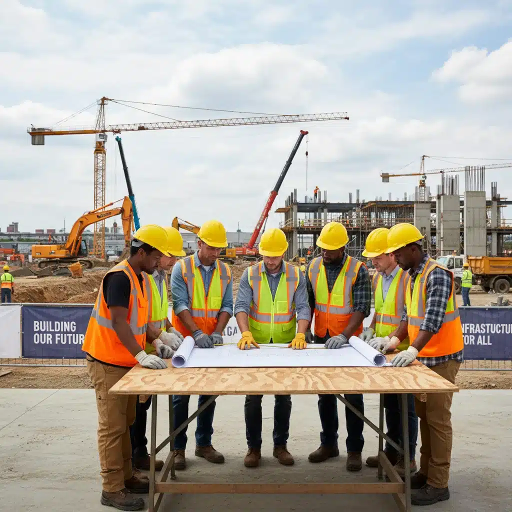 Construction workers reviewing blueprints at a site, symbolizing job growth from infrastructure projects.