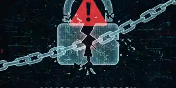 Illustration of a broken digital lock and alert symbol indicating a cybersecurity data breach