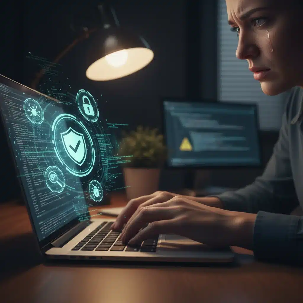 Person typing on a laptop with security icons, symbolizing data protection measures