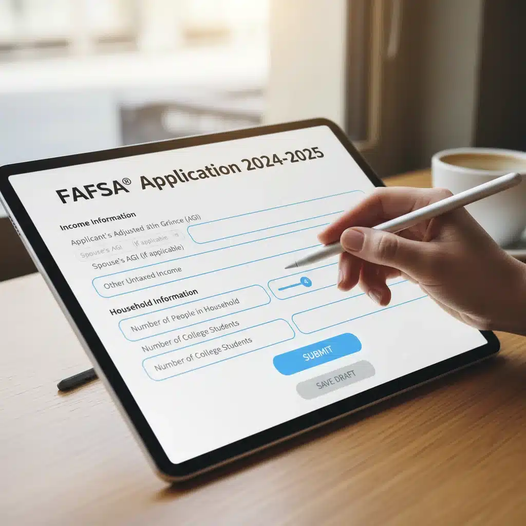 Hand filling out digital FAFSA application form on a tablet, highlighting the new online process.