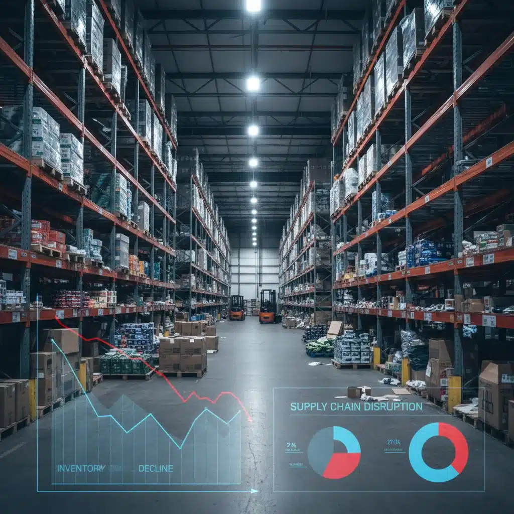 Warehouse with empty shelves signifying consumer goods shortages