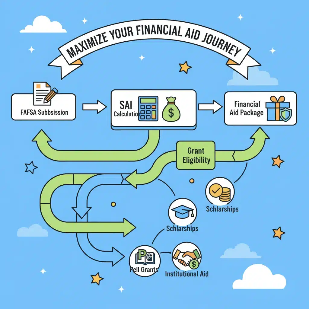 Flowchart illustrating the FAFSA process from submission to financial aid package, emphasizing grant maximization.