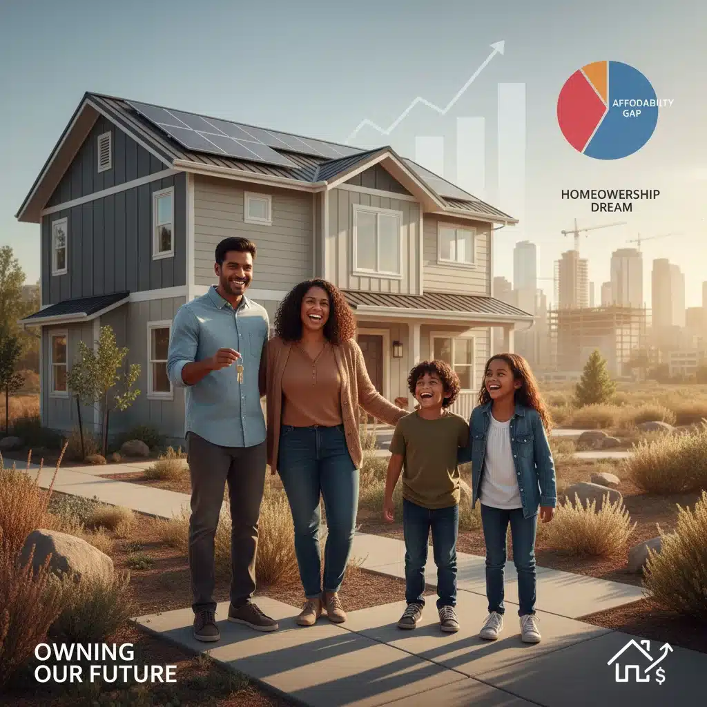 Diverse family in front of an affordable modern home, representing homeownership
