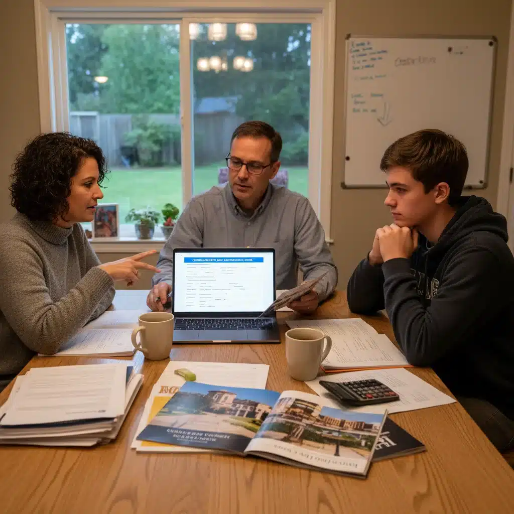 Family discussing college financial planning and FAFSA application at home.