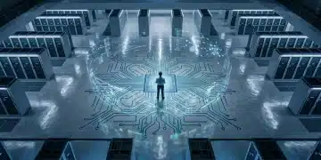 An aerial view of a researcher observing holographic data streams on a geometric floor, symbolizing information flow and its impact on benefits.