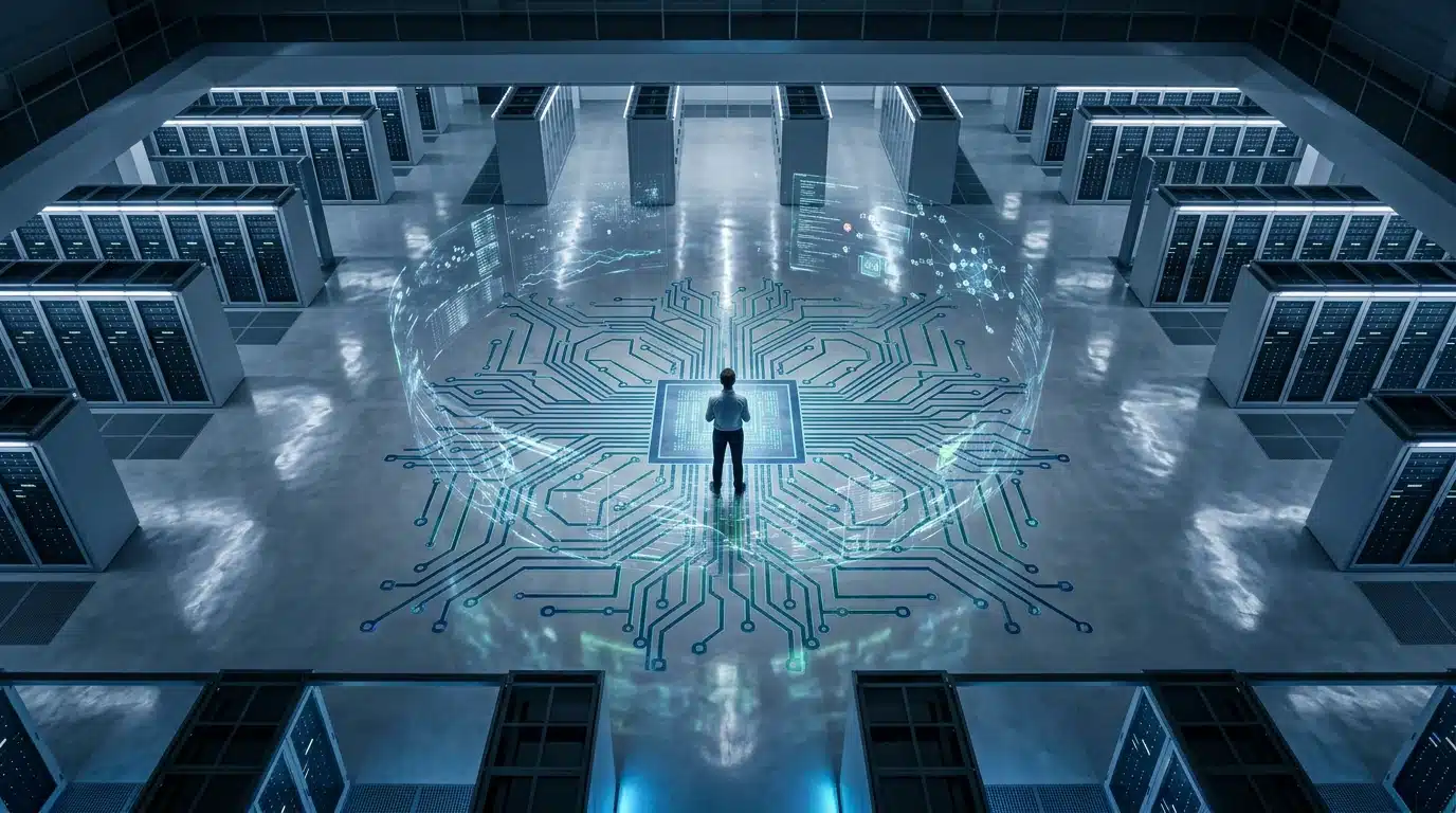 An aerial view of a researcher observing holographic data streams on a geometric floor, symbolizing information flow and its impact on benefits.