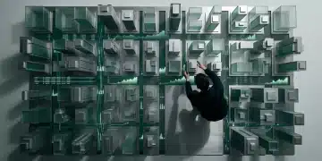 An aerial drone view of an intricate urban planning model, showcasing financial data streams flowing through a city grid made of brushed aluminum and frosted glass, with a person interacting with it.